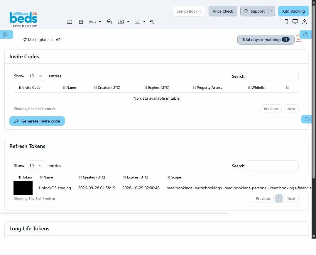 API 画面。上から招待コード、リフレッシュトークン、長期トークンの一覧