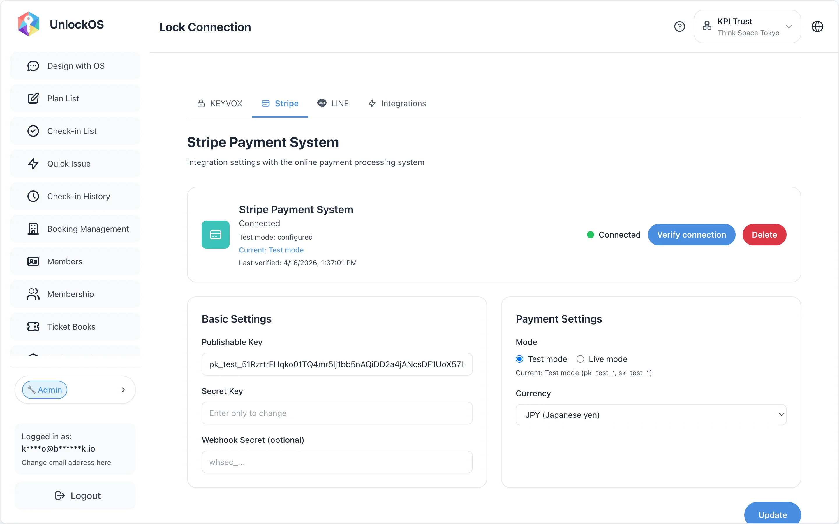 App Integrations > Stripe tab (API key entry)