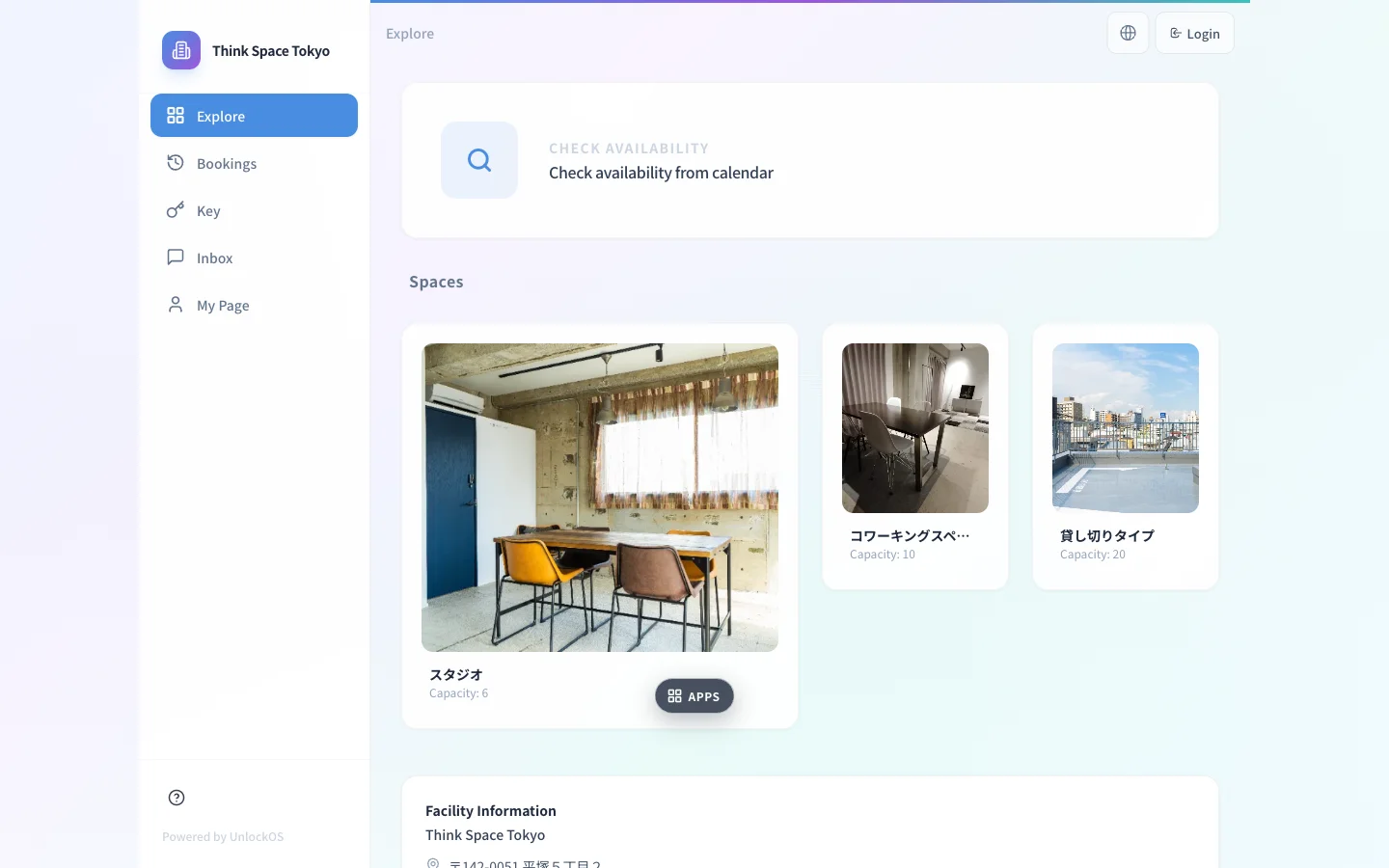 Booking app landing (Spaces list)