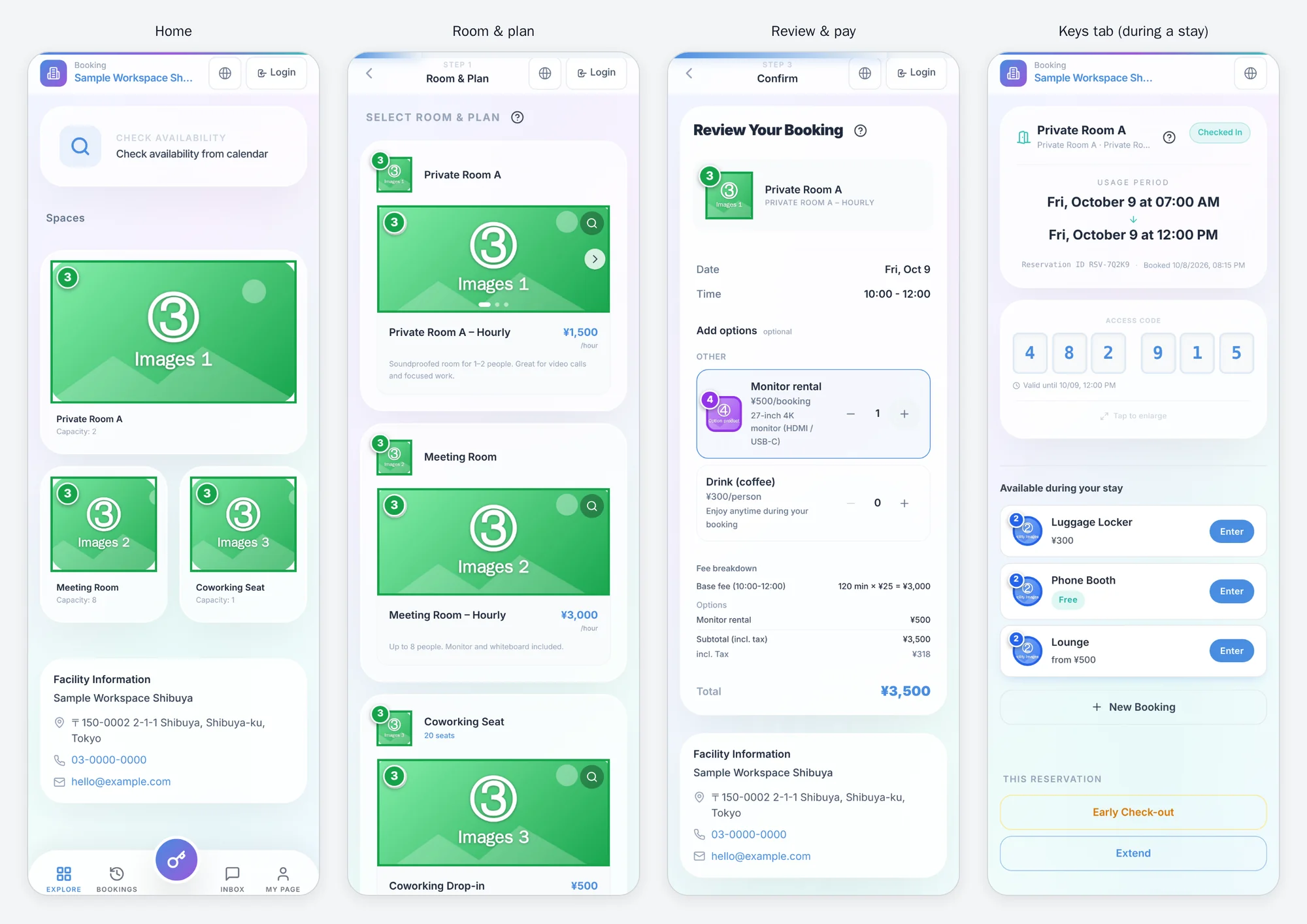 Booking app (Home, Room & plan, Review & pay, Keys tab)