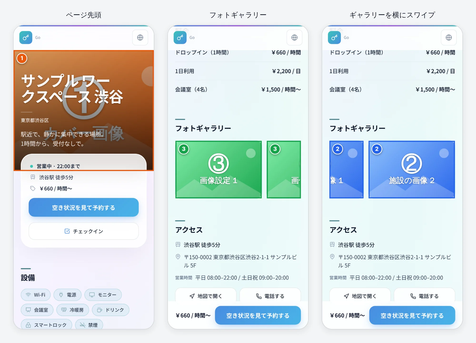 Go 施設ページの画面(ページ先頭・フォトギャラリー)