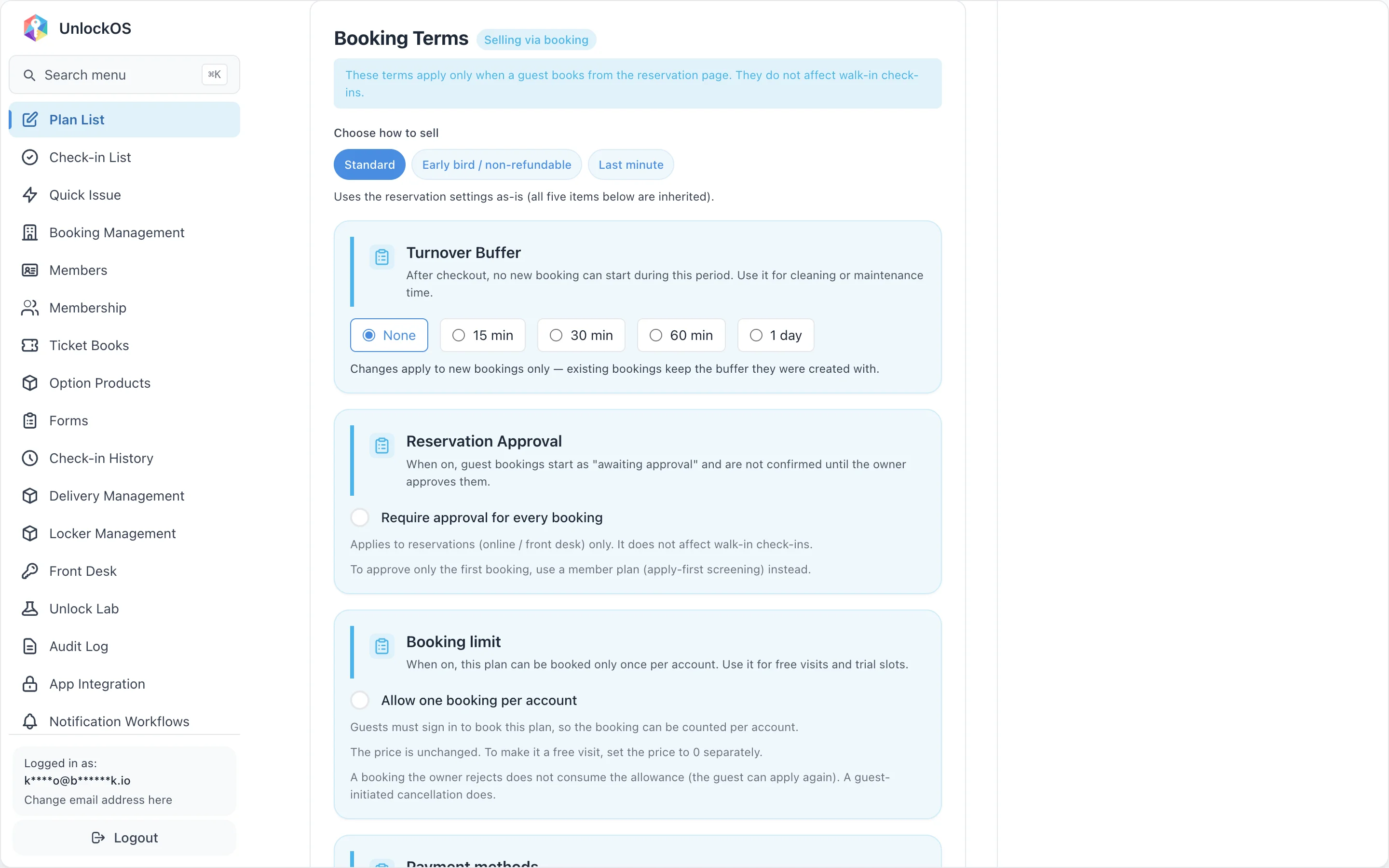 The Booking Terms card, with the selling presets